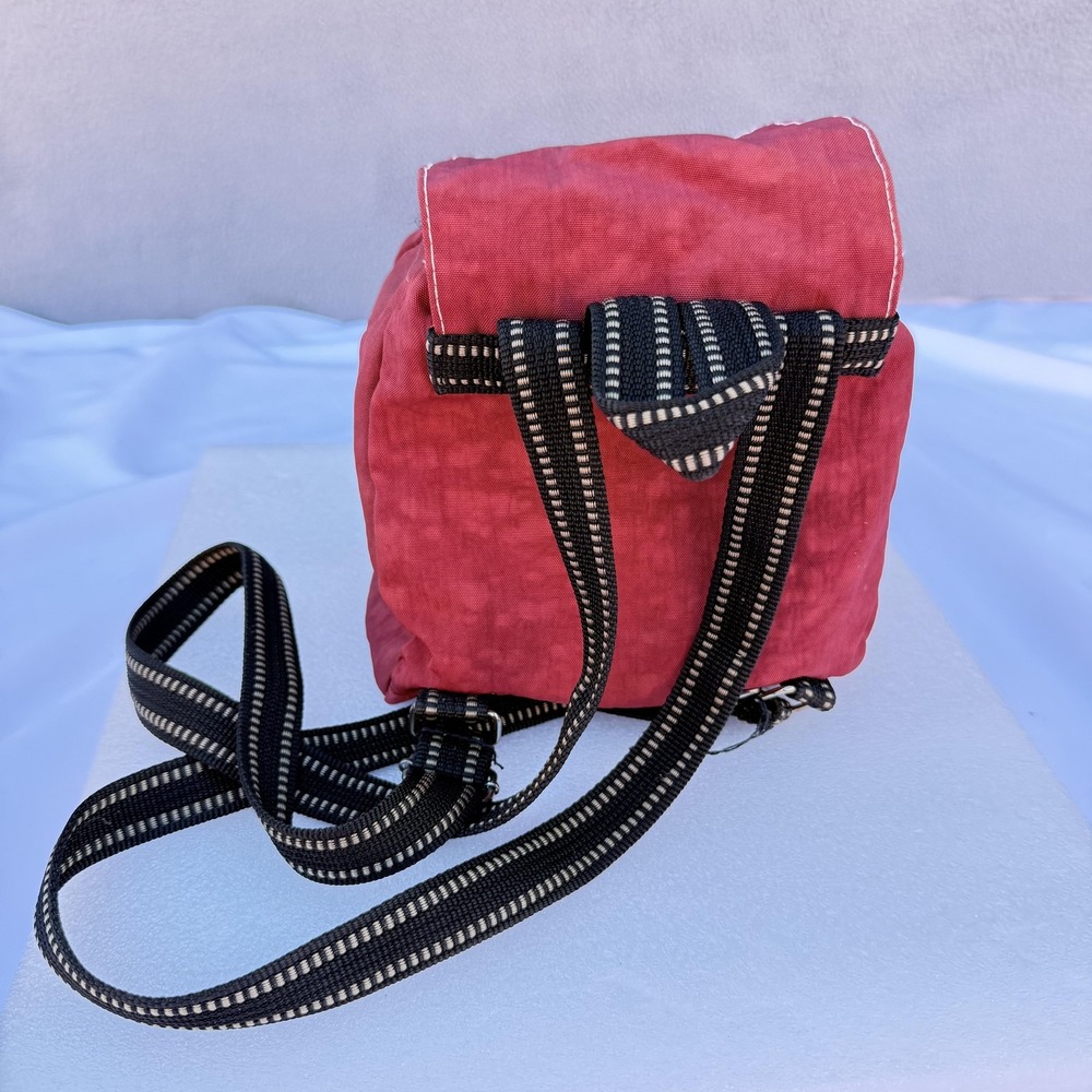 Red Canvas Mini Backpack Women Drawstring Front Pockets Adjustable Straps Travel - Picture 3 of 12